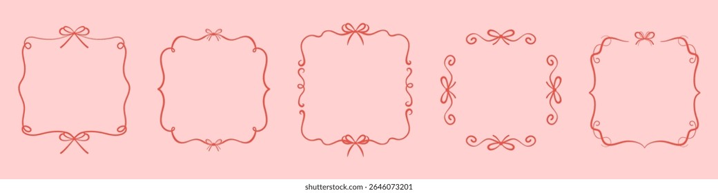 Set of cute hand drawn decorative frames with bows and swirls. Perfect for girly designs, scrapbooking, invitations, and romantic stationery.