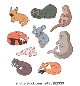 Set of cute hand drawn different sleeping animals. Cartoon sleepy cat, otter, seal, koala, French bulldog, rabbit, fox, red panda and sloth animal. Vector illustration