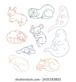 Conjunto de lindos dibujos a mano de diferentes contornos de animales durmientes. Doodle gato dormido, nutria, foca, koala, bulldog francés, conejo, zorro, panda rojo y perezoso animal. Ilustración de vector