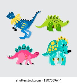 Set of cute hand drawn dinosaurs. Colorful vector collection