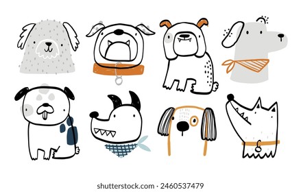 Set con lindos perros dibujados a mano. Dibujos animados perro o cachorro personajes diseño colección. Conjunto de animales de compañía divertidos aislados sobre fondo blanco. Vector divertida ilustración para niños. Doodle. Boceto.