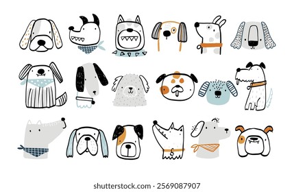 Set with cute hand drawn dogs. Cartoon dog or puppy characters design collection. Set of funny pet animals isolated on white background. Vector funny illustration for kids. Doodle. Seketch.