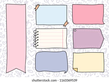 Set of Cute Hand drawn Doodle Banners and Ribbons isolated on white background for your Design. Bullet journal Ideas. Girly Stuff. Sticky Notes.