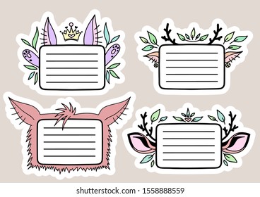 Set of Cute Hand drawn Doodle Banners and Ribbons isolated on white background for your Design. Bullet journal Ideas. Girly Stuff. Sticky Notes.