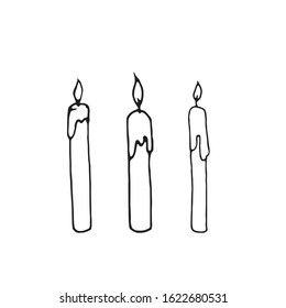 Set of cute hand drawn doodle candles. Black outlines on white background. Elements for seasonal design and printed materials.