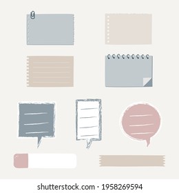 set of cute hand drawn, doodle blank sticky note pad with tape, speech bubble balloon think, speak, talk, note pad, memo, text box banner reminder planning, flat design, vector, illustration