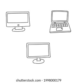 Set of cute hand drawn doodle computers for business. Monitor, laptop with keyboard. Device for office, working at home or at cafe. Colorful vector doodle illustration isolated on the background.