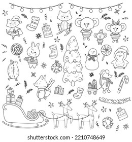 Set of cute hand drawn doodle Christmas animals Bcat,deer,koala,penguin,fox.Merry christmas concept with different new year celebration elements