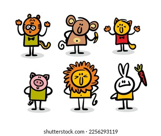 Set of cute hand drawn doodle exotic animals cat, tiger, monkey, lion, pig and rabbit. Vector collection of  funny cartoon pets with friendly smiles for nursery design and baby prints.
