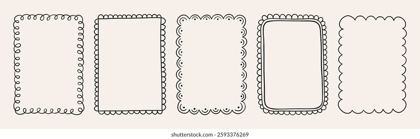 Set of cute hand drawn doodle rectangle frames. Simple wavy lines with curls. Perfect for designing cards, invitations, and creative projects