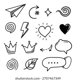 Conjunto de bonitos mão desenhada Doodle esboço Elementos como coroas, corações e setas