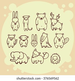 set of cute hand drawn doodle animals