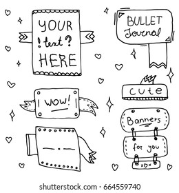 Set of Cute Hand drawn Doodle Banners isolated on white background for your Design. Label for Notebook, Diary. Bullet journal Ideas. Girly Stuff.