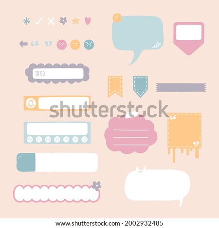 set of cute hand drawn, doodle blank sticky note pad with icon, tape, speech bubble balloon think, speak, talk, note pad, memo, text box banner reminder planner, flat design, vector, illustration