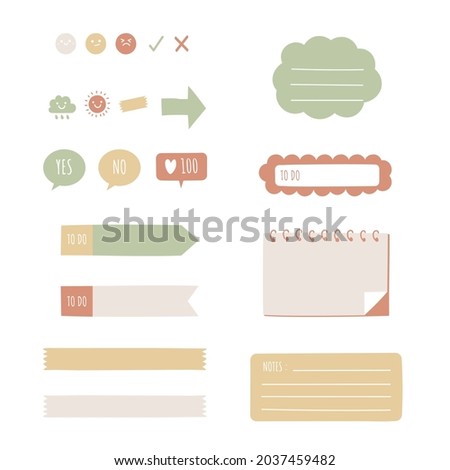 set of cute hand drawn, doodle blank sticky note pad with icon, tape, speech bubble balloon think, speak, talk, note pad, memo, text box banner reminder planner, flat design, vector, illustration