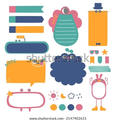 set of cute hand drawn, doodle text box with icon, speech bubble balloon, flat design, vector, illustration