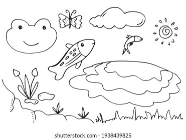 Set cute hand drawn doodles like frog, fish, butterfly, cloud, water, grass, flower and sun