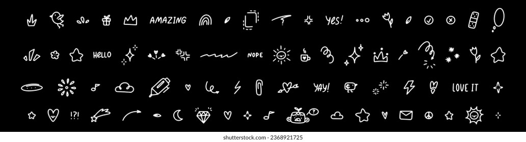 set of cute hand drawn doodles. Vector doodles on black background