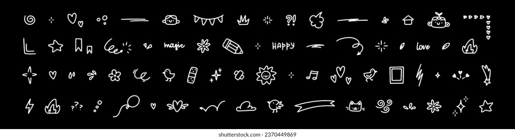 set of cute hand drawn doodles. Vector doodles on black background