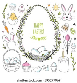 Set of cute hand drawn doodles for Easter decorations. Vector illustration. 