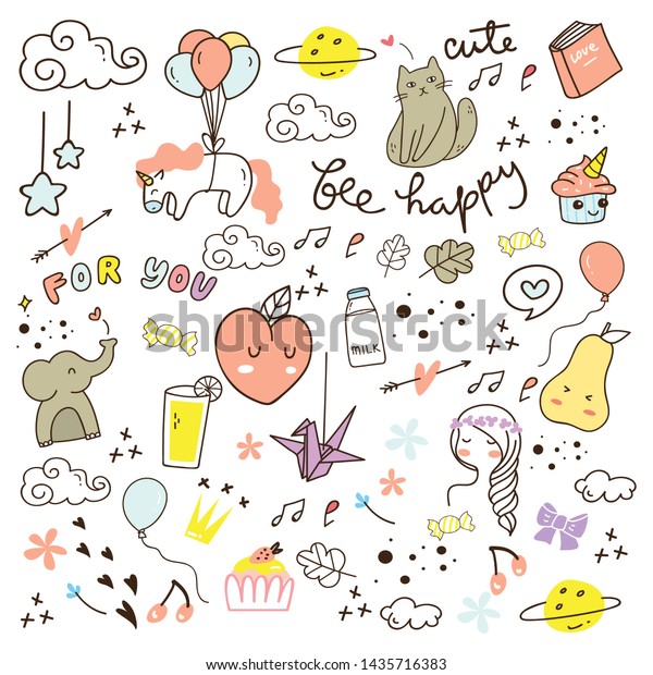 Set Cute Hand Drawn Doodles Stok Vektör (Telifsiz) 1435716383