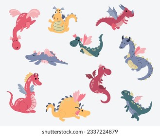 Set of cute hand drawn dragons. White background, isolate.
