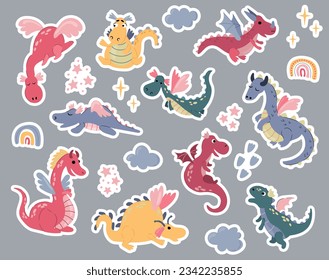 Set of cute hand drawn dragons stickers.