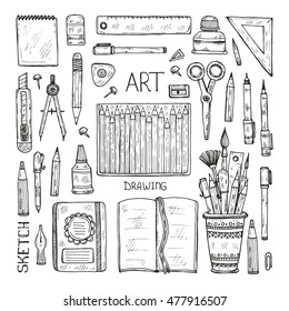 Set of cute hand drawn drawing tools including pencils; pens; watercolor; eraser; pastel; brush; and others. Vector hand drawn art collection