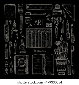 Set of cute hand drawn drawing tools including pencils; pens; watercolor; eraser; pastel; brush; and others. Vector hand drawn art collection