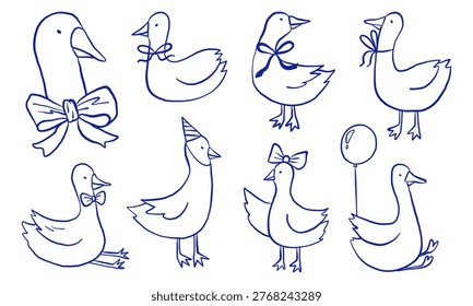 Set of cute hand drawn duck doodles with playful cartoon style. Perfect for kids design, nursery decor, stickers, and baby themed projects.