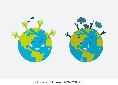 Set of cute hand drawn Earth illustrations - happy Earth versus sad Earth with smile and tears, trees and clouds.