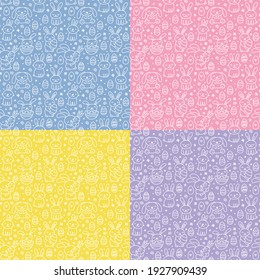 Set of cute hand drawn Easter seamless patterns with bunnies, flowers, easter eggs. Beautiful background for cards, banner, textiles