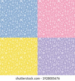 Set of cute hand drawn Easter seamless patterns with bunnies, flowers, easter eggs. Beautiful background for cards, banner, textiles