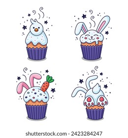 Conjunto de ilustraciones de Pascua dibujadas a mano con tarta de Pascua, orejas de conejo, zanahoria, conejo, liebre, polluelo al estilo de dibujos animados. Elementos de diseño de comida de Pascua. Ilustración vectorial. Estilo Doodle.