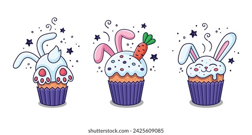 Set of Cute Hand drawn Easter illustrations with Easter cake, rabbits ears, carrot, rabbit, hare in cartoon style. Easter food design elements. Vector illustration. Doodle style.