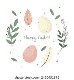 Juego de bonitos huevos de Pascua dibujados a mano, rama de sauce y plumas en colores pastel. Decoración de Pascua, ideal para banners, fondos de pantalla y tarjetas. Ilustración de vector aislado