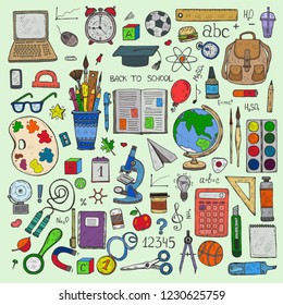 Set of cute hand drawn educational tools including pencils; pens; watercolor; eraser; globe; brush; and others. Vector hand drawn back to school collection