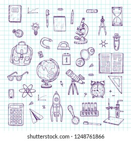 Set of cute hand drawn educational tools including pencils; pens; watercolor; eraser; globe; brush; and others. Vector hand drawn back to school collection