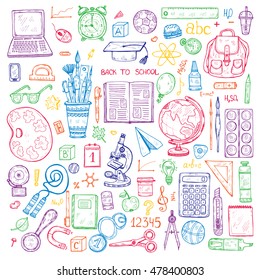 Set of cute hand drawn educational tools including pencils; pens; watercolor; eraser; globe; brush; and others. Vector hand drawn back to school collection