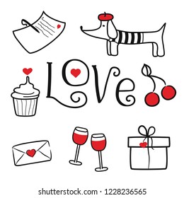 Set of cute hand drawn elements about love. Design elements isolated on white. Happy Valentine's Day background. Vector illustration.