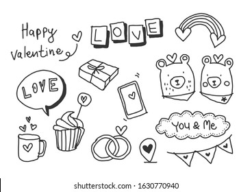 Set of cute hand drawn elements about Love. Isolate on white background. Happy Valentine's day.