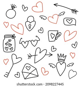 Set of cute hand drawn elements about love. Design elements isolated on white. Happy Valentine's Day. Doodle style. The set includes heart, arrow, glasses, cup, key, speech bubble, ring, wings, crown.