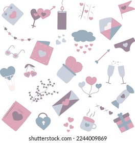 Set of cute hand drawn elements about love. Design elements isolated on white. Happy Valentine's Day background