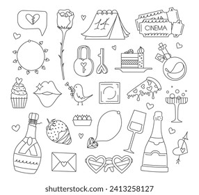 Set of cute hand drawn elements about love. Happy Valentine's Day vector illustration. Design elements isolated on white. Doodle style. Line art