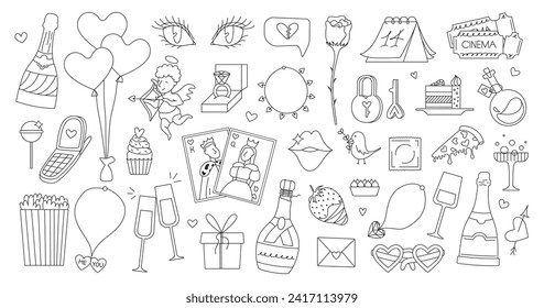 Set of cute hand drawn elements about love. Happy Valentine's Day vector illustration. Design elements isolated on white. Doodle style. Line art