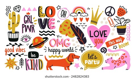 Set of cute hand drawn elements. Colorful scribble with slogans, phrases, decorative symbols, animals and plants. Designs for Tshirt. Doodle vector illustration collection isolated on white background