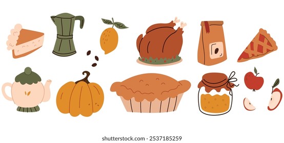 Set of cute hand drawn elements for Thanksgiving day. Vector illustration.