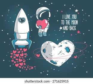 set of cute hand drawn elements for valentine's day design: heart formed planet in retro style, astronaut with heart and rocket, cosmic vector illustration