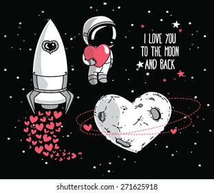 set of cute hand drawn elements for valentine's day design: heart formed planet in retro style, astronaut with heart and rocket, cosmic vector illustration