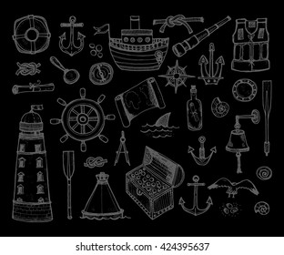 Set of cute hand drawn elements of marine theme including ship, anchors and others. Hand drawn marine collection